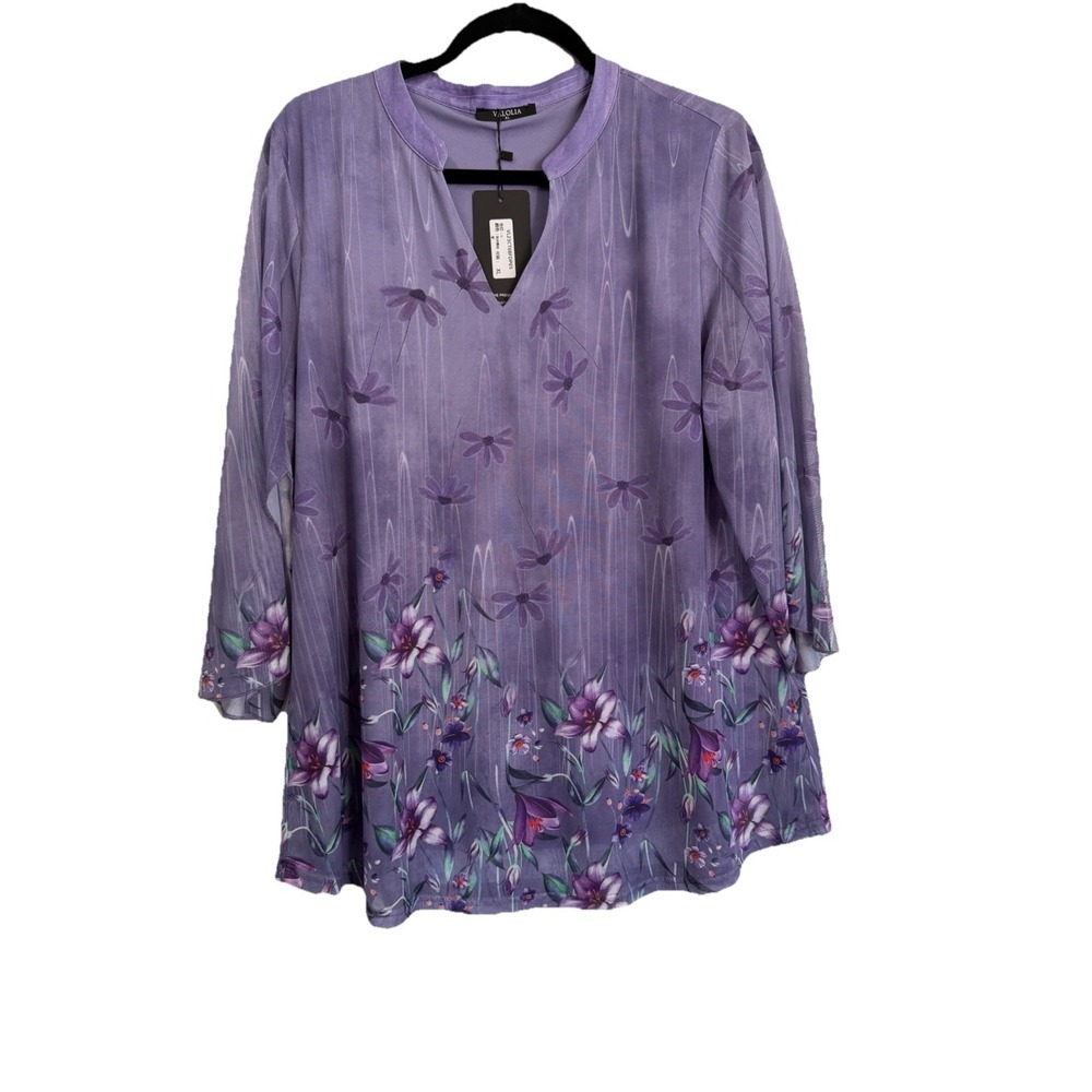 VALOLIA Floral Mesh‎ Split Neck Tunic Blouse Purple 3/4 Sleeve Sz XL